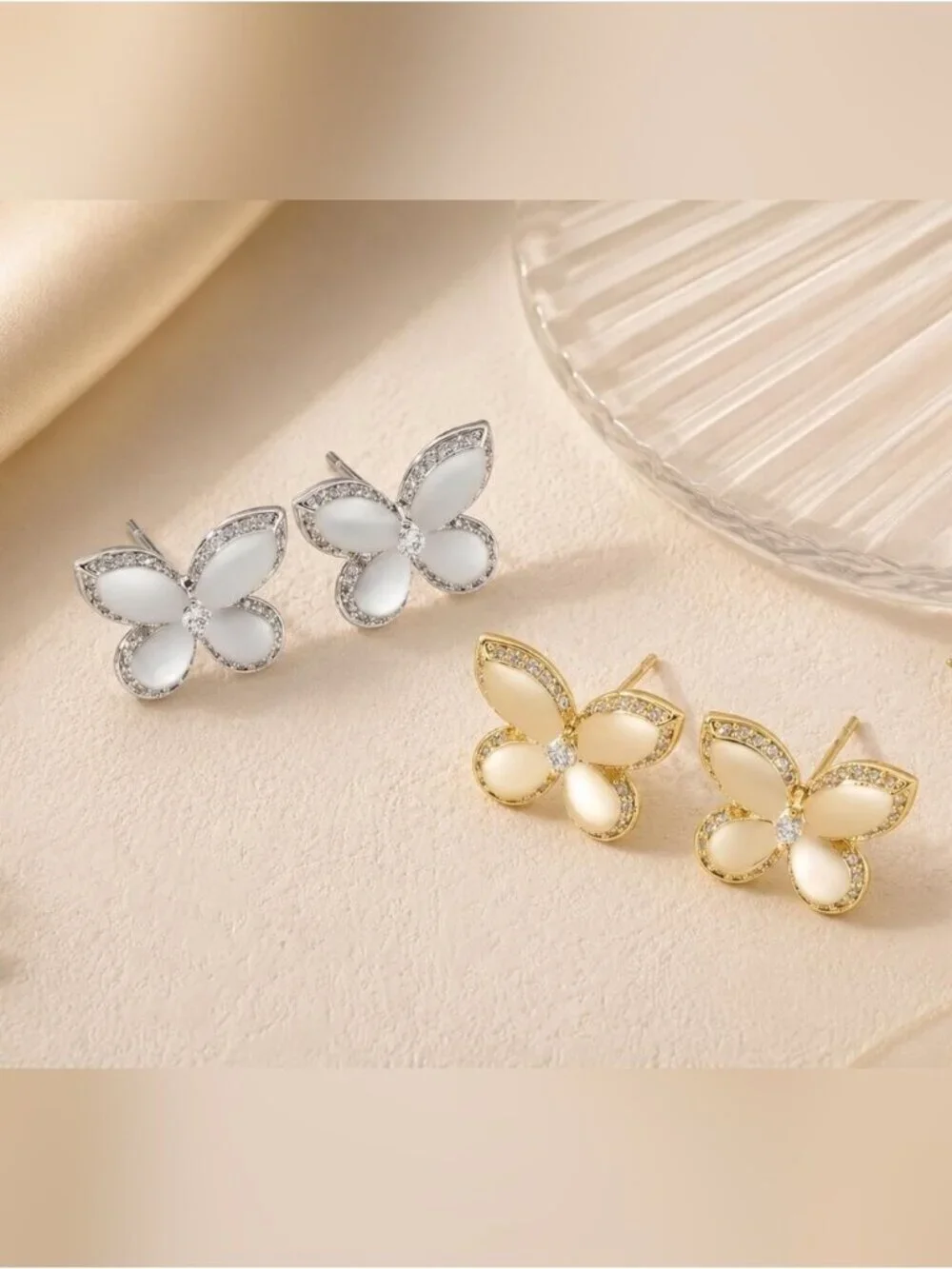 Gold Butterfly Necklace and Stud Earrings - Cream Accents